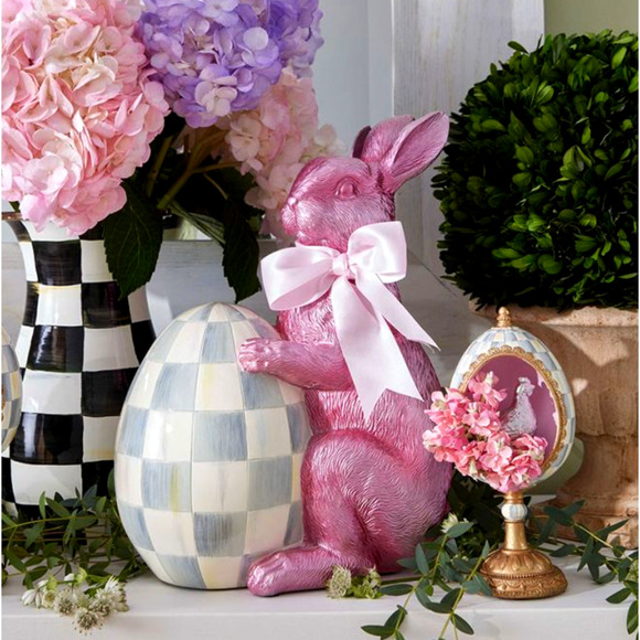 Mackenzie Childs Touch of Pink Foil Bunny Rabbit Silver Courtly Check Egg NEW - Picture 3 of 3